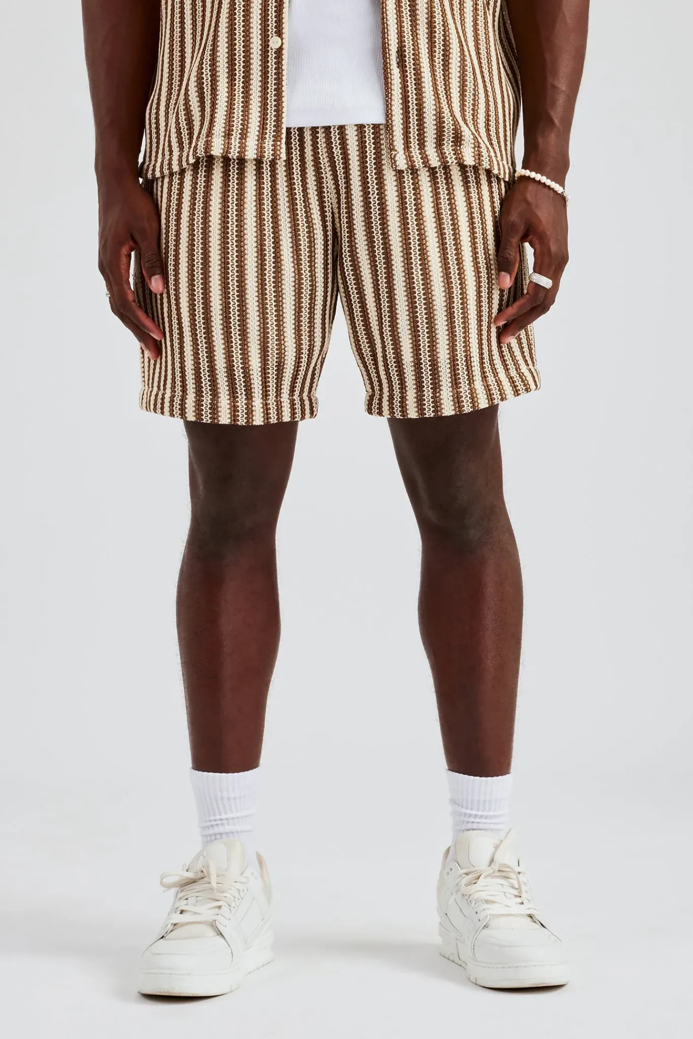 CLO-SET-KTW Knitted Contrast Stripe Revere Shirt & Short Set - Chocolate
