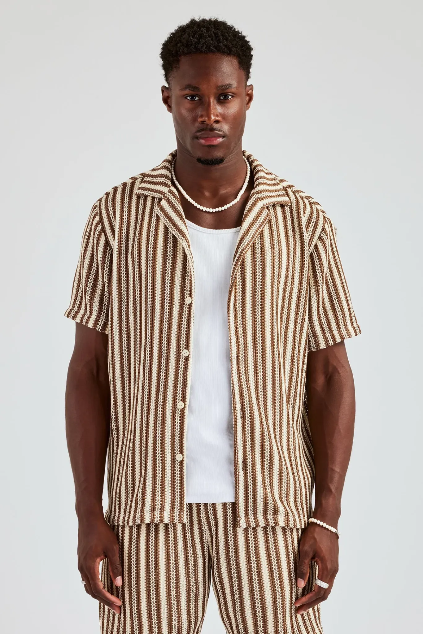 CLO-SET-KTW Knitted Contrast Stripe Revere Shirt & Short Set - Chocolate