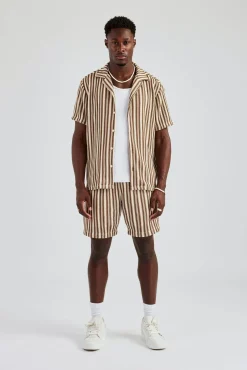 CLO-SET-KTW Knitted Contrast Stripe Revere Shirt & Short Set - Chocolate