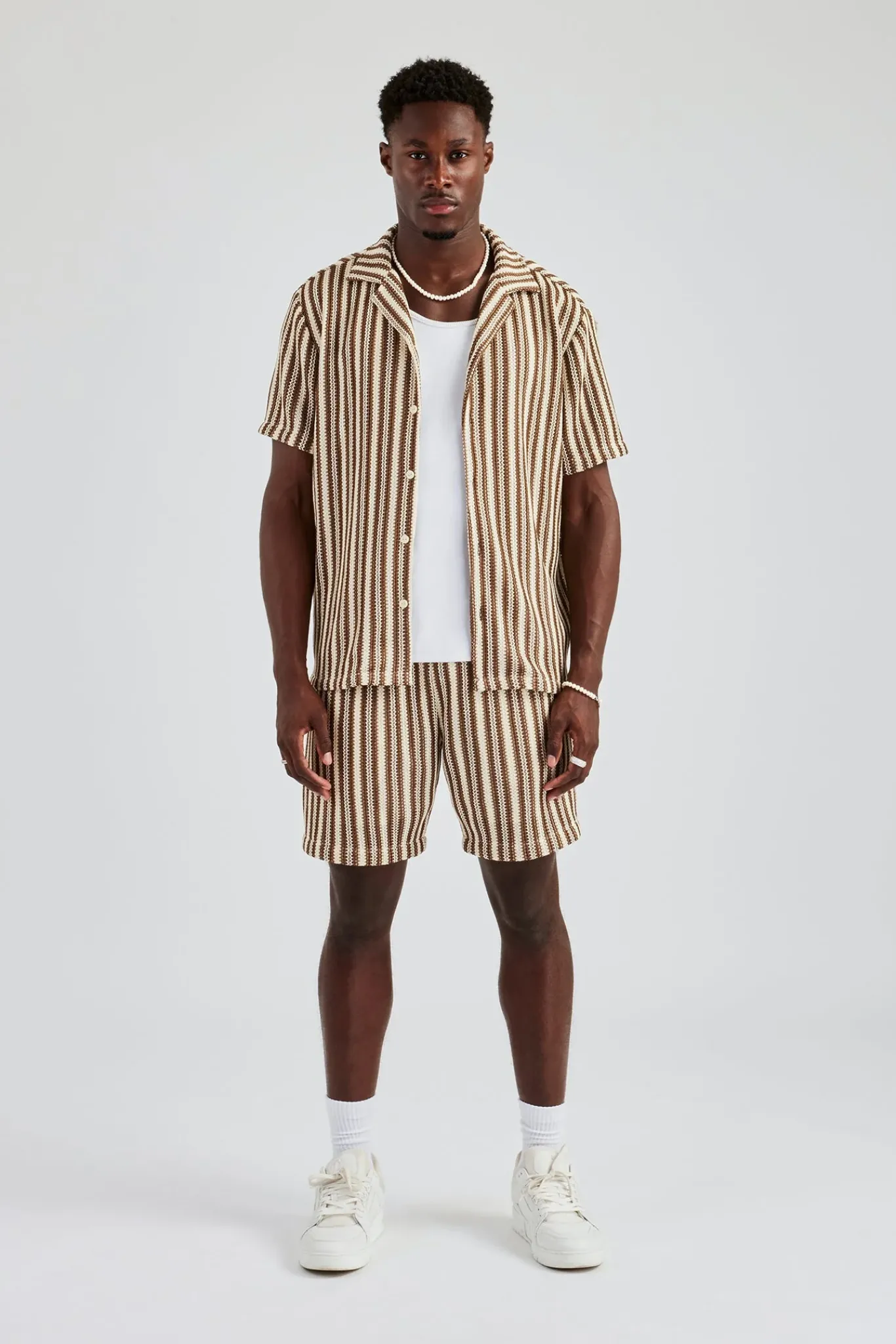 CLO-SET-KTW Knitted Contrast Stripe Revere Shirt & Short Set - Chocolate