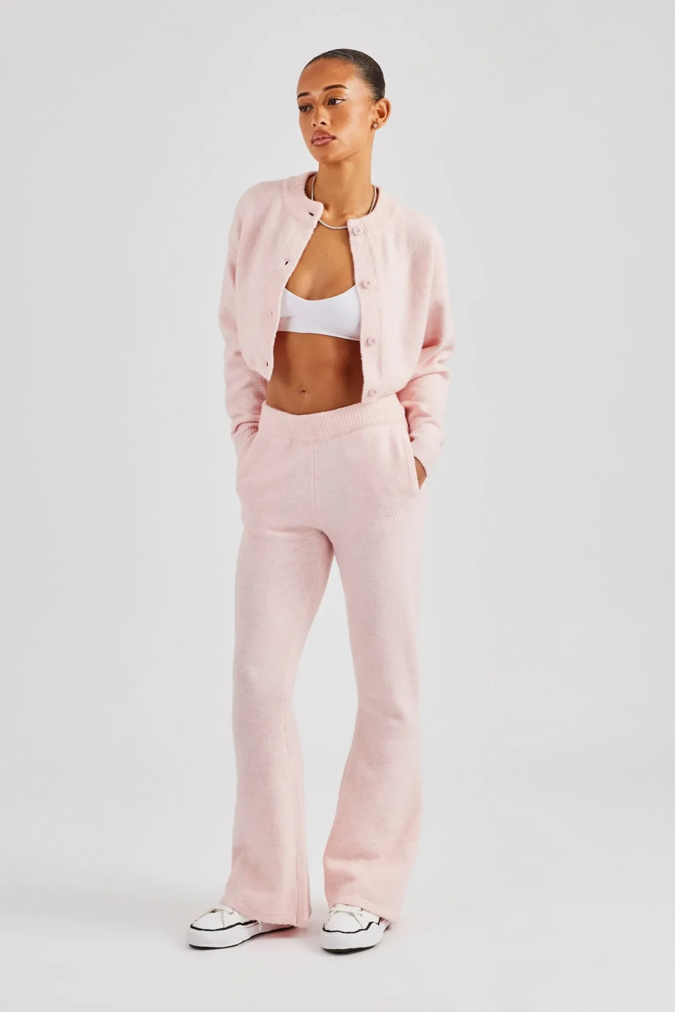 Women CLO-SET-KTW Knitted Cropped Cardigan & Flare Trouser - Baby Pink