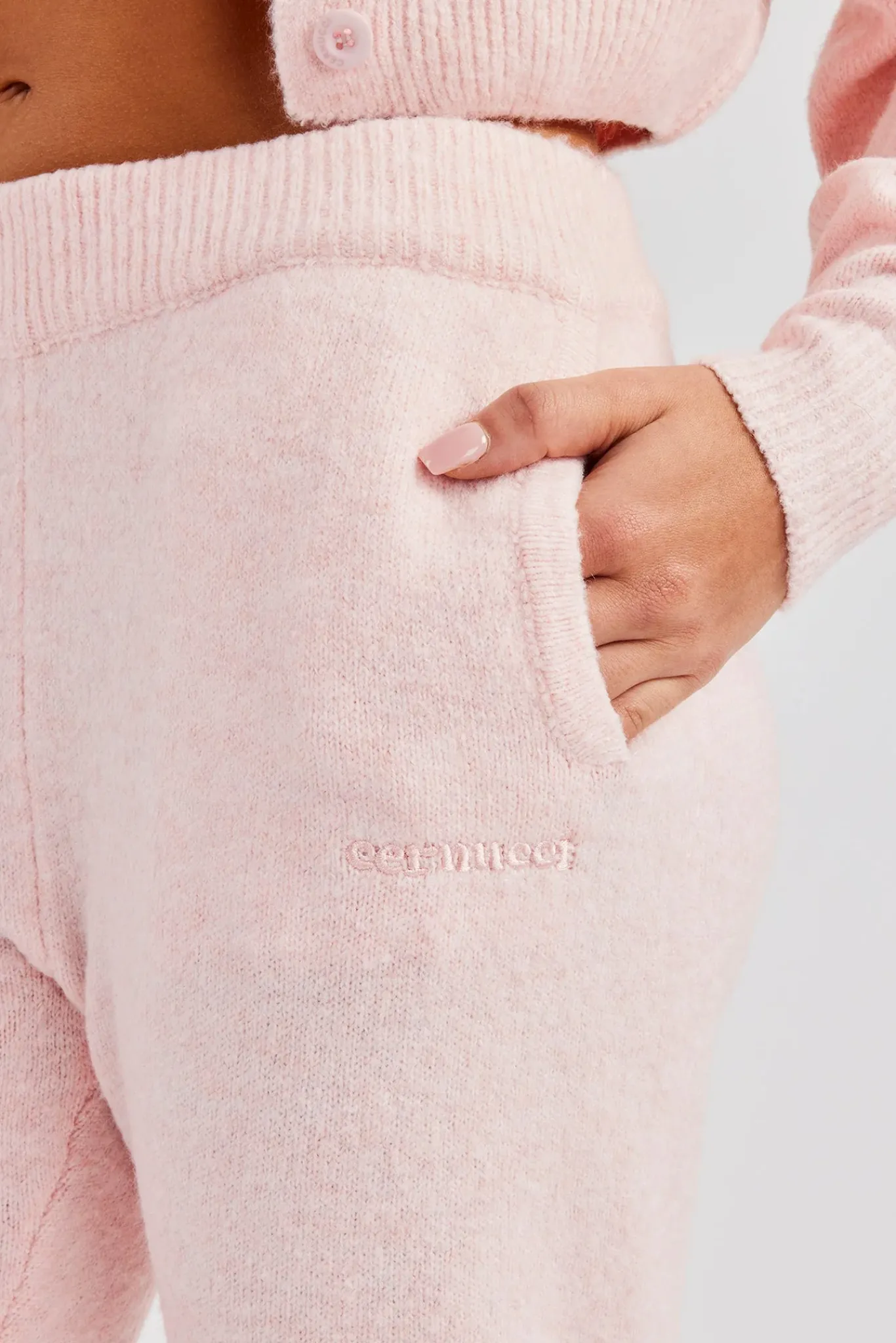 Women CLO-SET-KTW Knitted Cropped Cardigan & Flare Trouser - Baby Pink