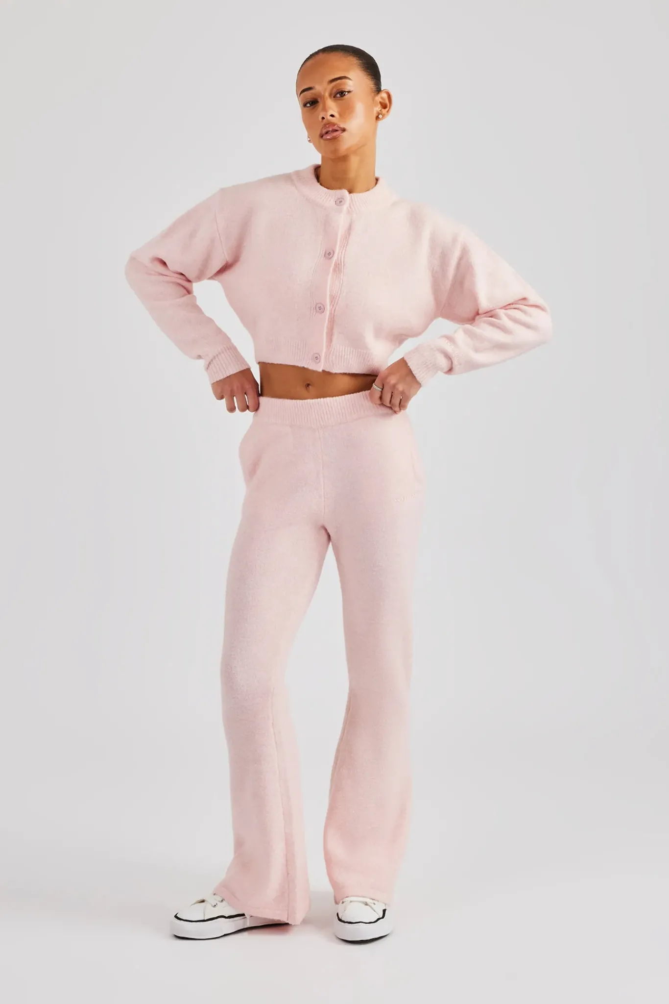 Women CLO-SET-KTW Knitted Cropped Cardigan & Flare Trouser - Baby Pink