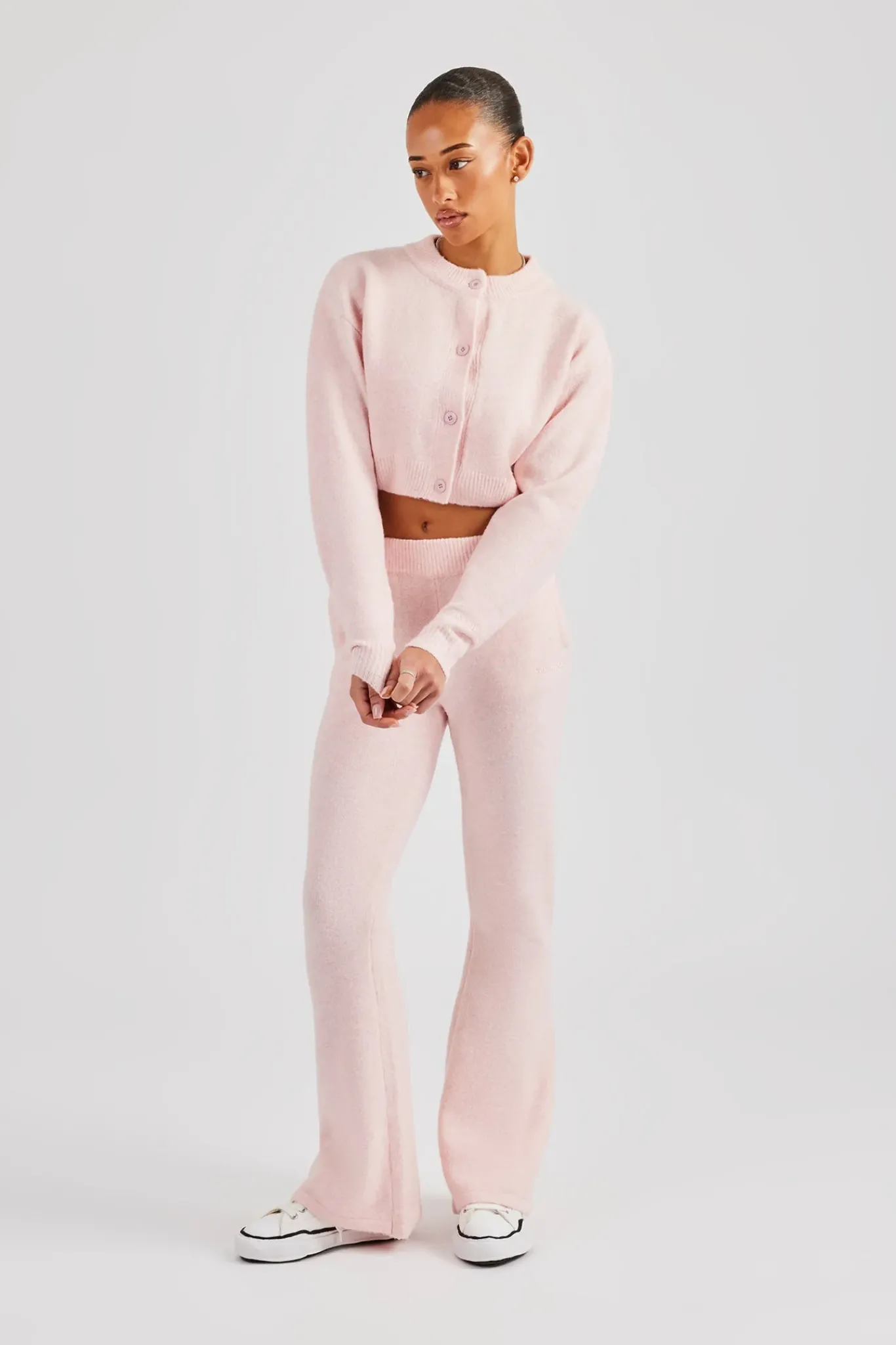 Women CLO-SET-KTW Knitted Cropped Cardigan & Flare Trouser - Baby Pink