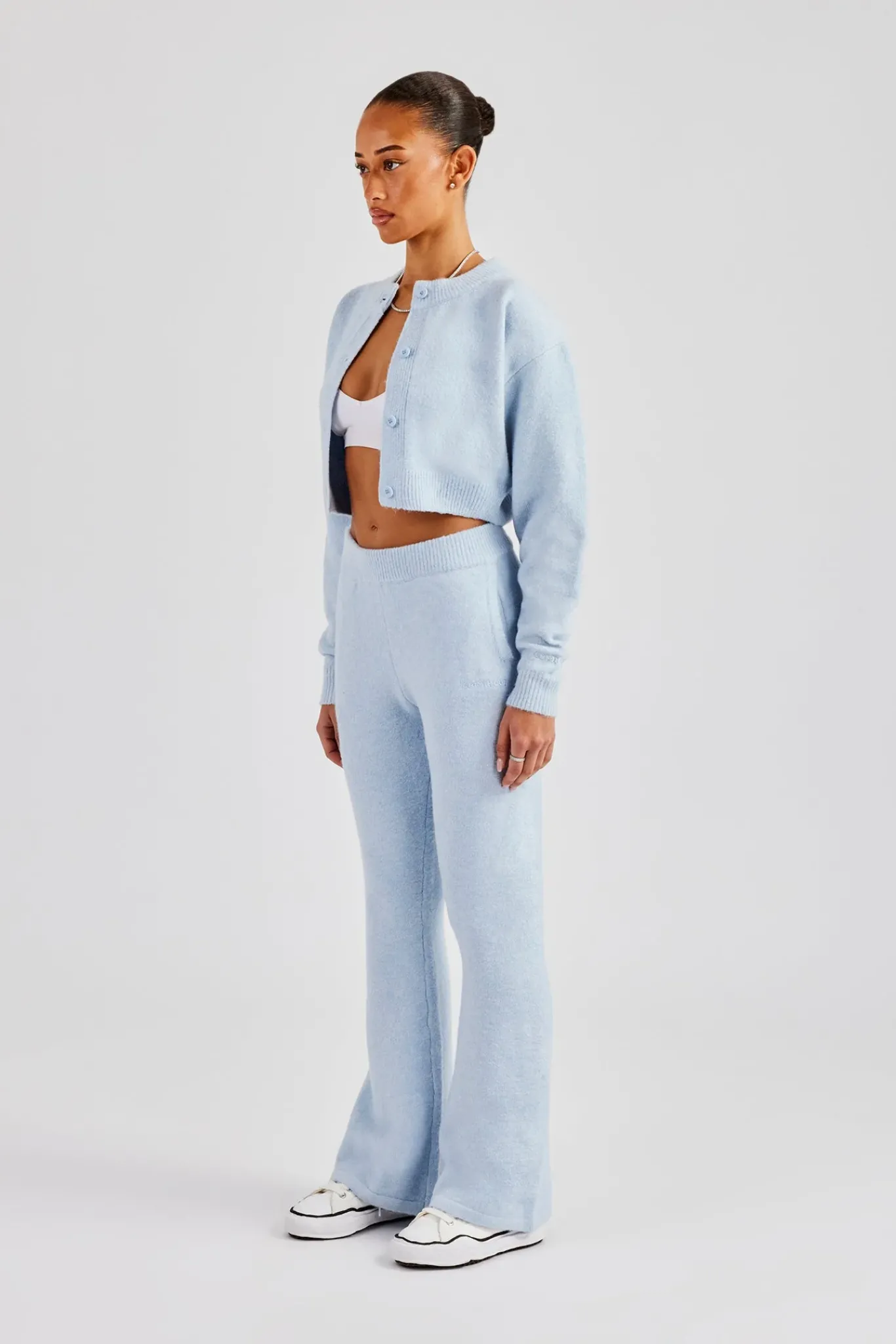 Women CLO-SET-KTW Knitted Cropped Cardigan & Flare Trouser - Baby Blue