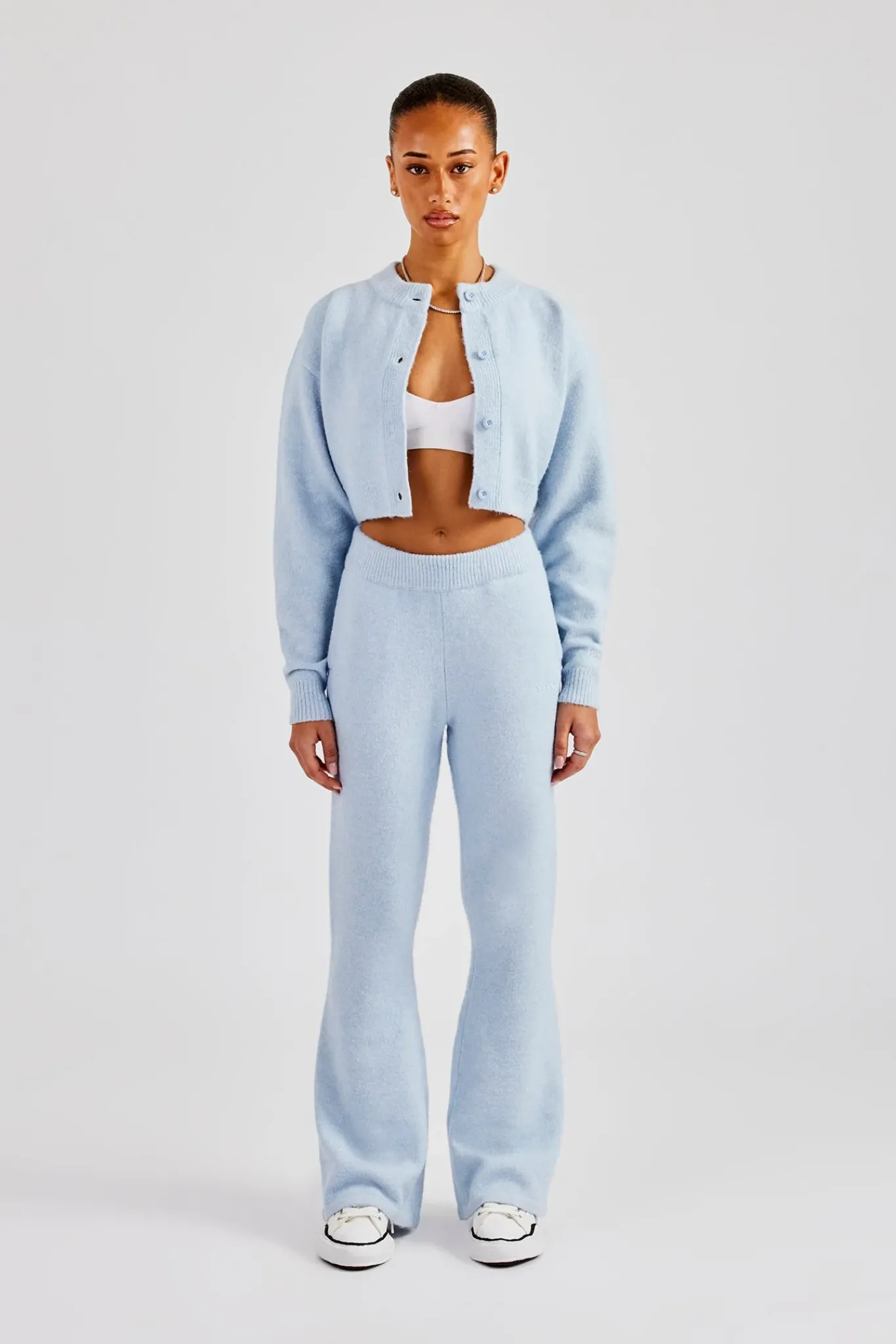 Women CLO-SET-KTW Knitted Cropped Cardigan & Flare Trouser - Baby Blue