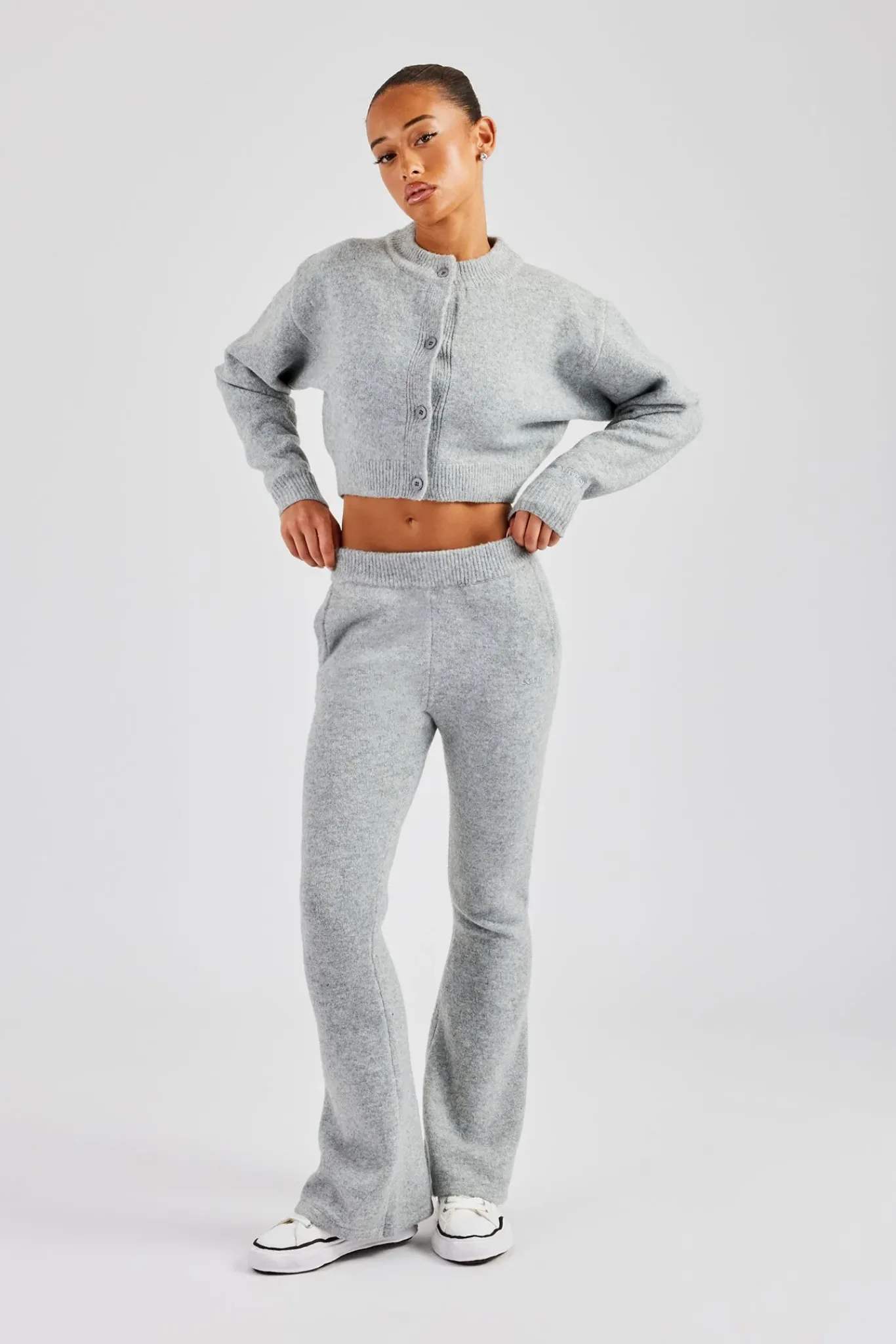 Women CLO-SET-KTW Knitted Cropped Cardigan & Flare Trouser - Grey