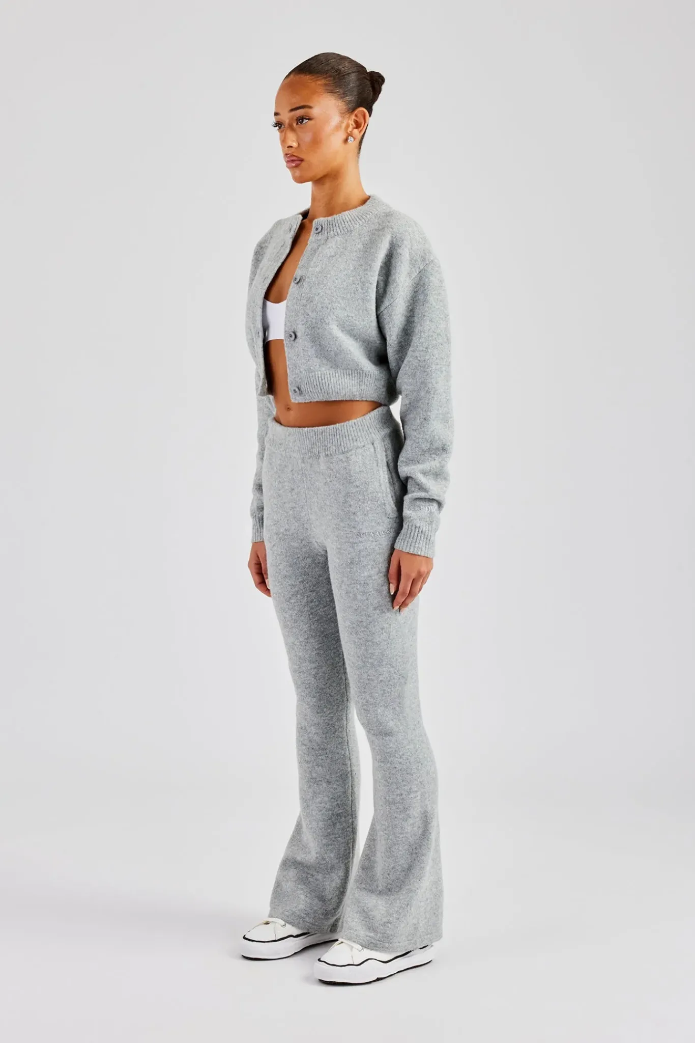 Women CLO-SET-KTW Knitted Cropped Cardigan & Flare Trouser - Grey