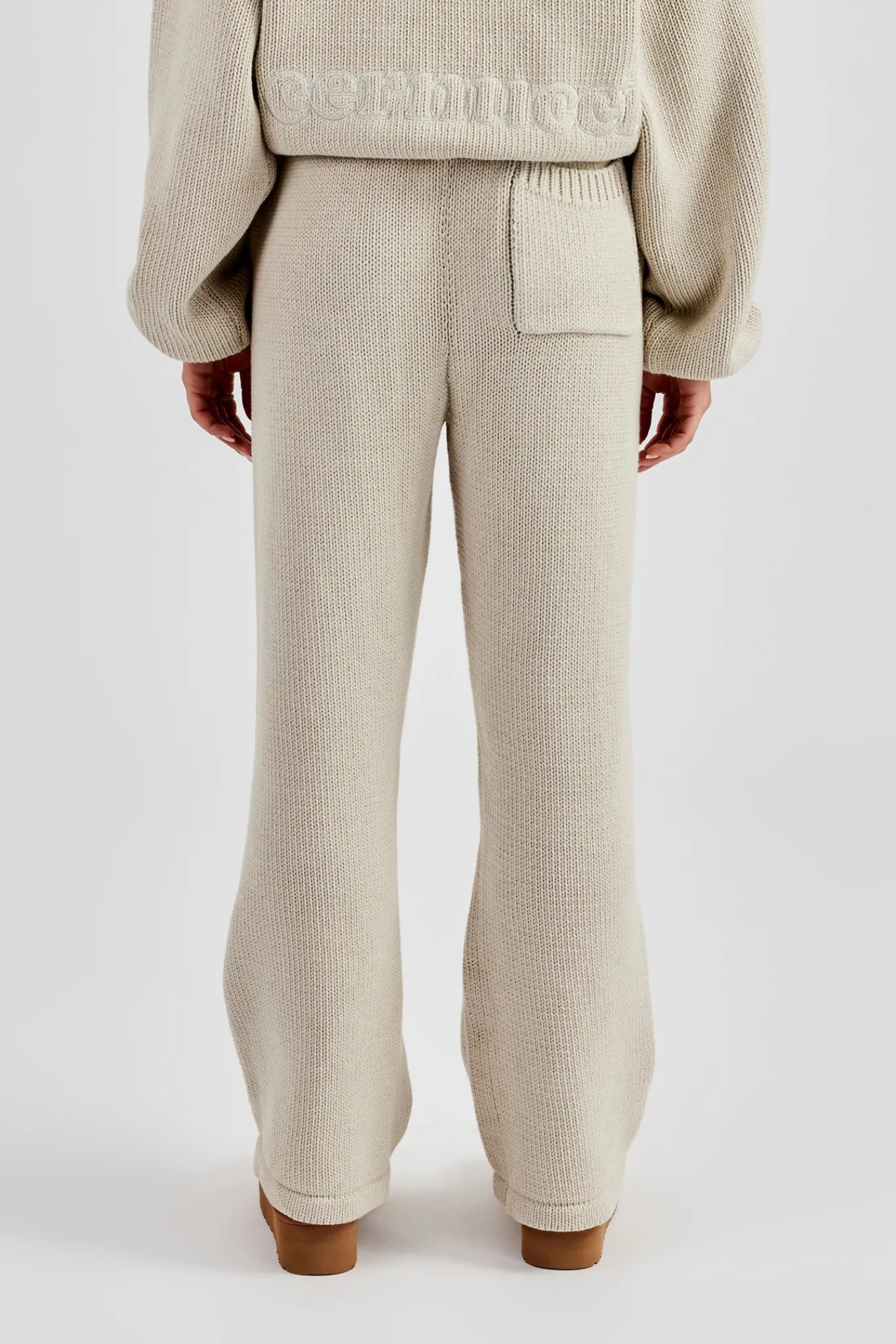 Women CLO-BOT-TRO-KTW Knitted Embroidered Wide Leg Jogger - Stone