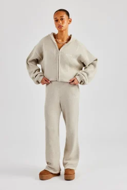 Women CLO-BOT-TRO-KTW Knitted Embroidered Wide Leg Jogger - Stone