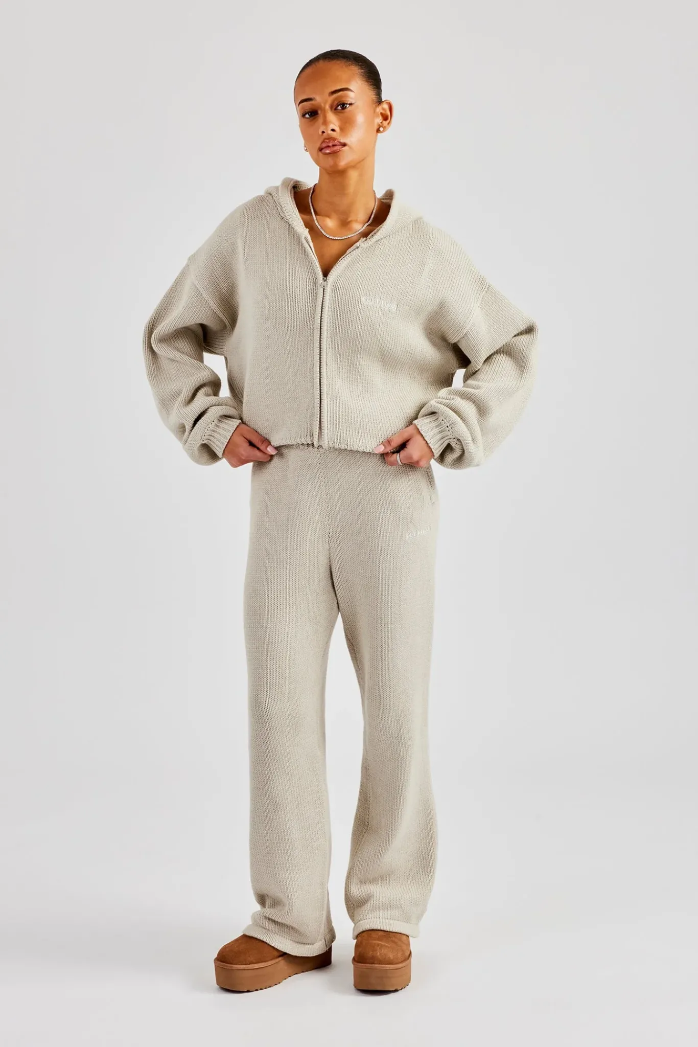 Women CLO-BOT-TRO-KTW Knitted Embroidered Wide Leg Jogger - Stone
