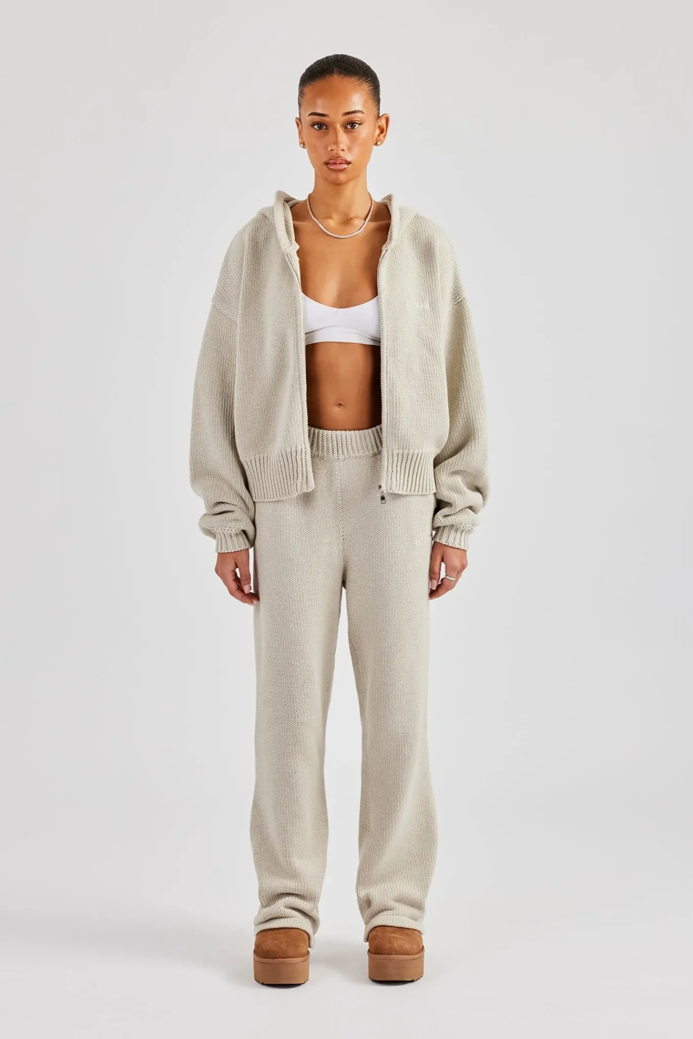 Women CLO-SET-KTW Knitted Embroidered Zip Through Tracksuit - Stone