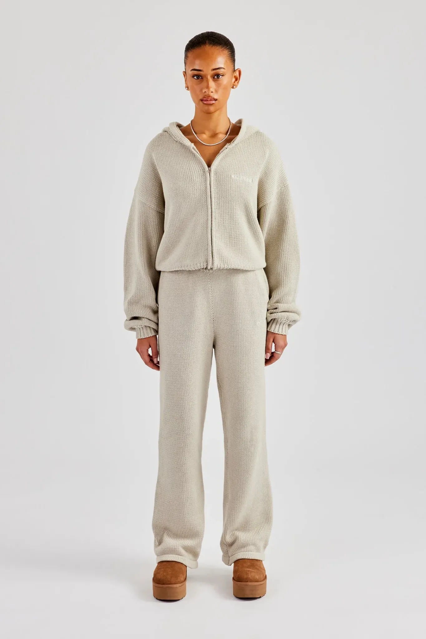 Women CLO-SET-KTW Knitted Embroidered Zip Through Tracksuit - Stone