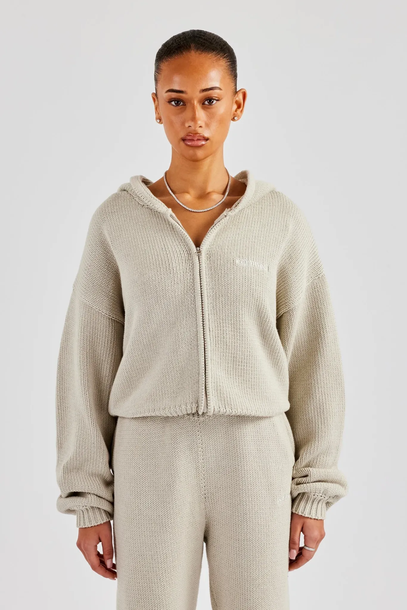 Women CLO-SET-KTW Knitted Embroidered Zip Through Tracksuit - Stone