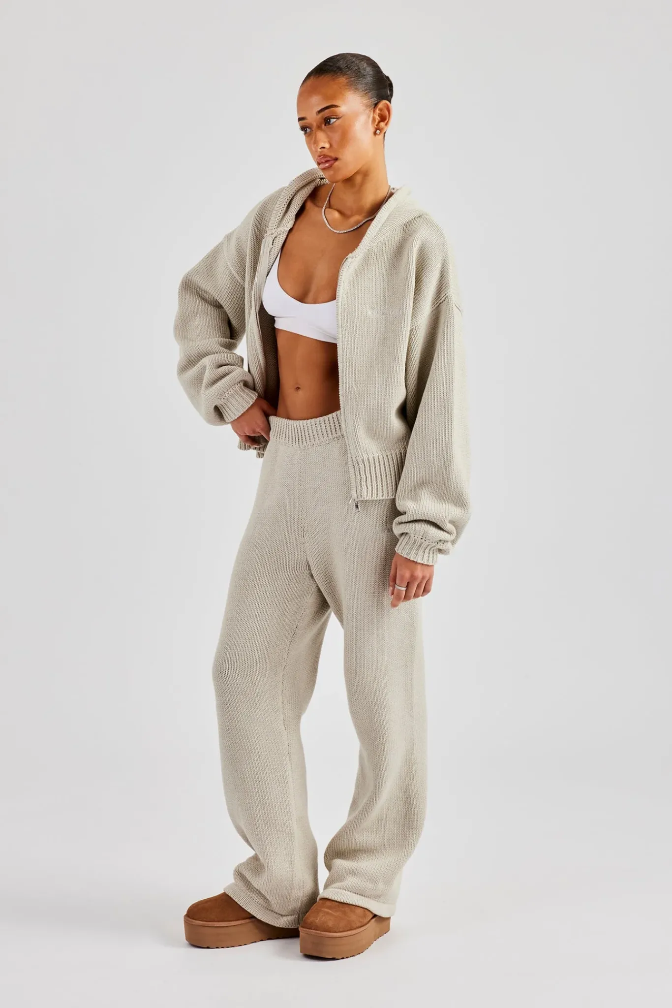 Women CLO-TOP-HS-HOOD-KTW Knitted Embroidered Zip Through Hoodie - Stone