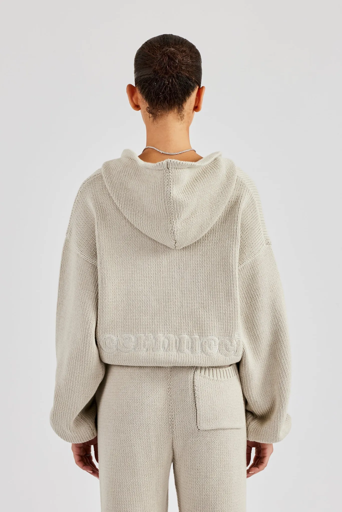 Women CLO-TOP-HS-HOOD-KTW Knitted Embroidered Zip Through Hoodie - Stone