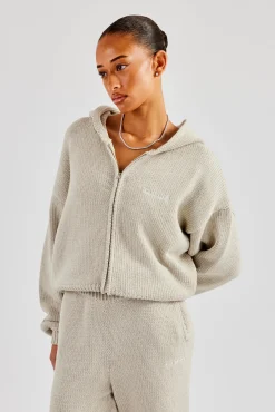 Women CLO-TOP-HS-HOOD-KTW Knitted Embroidered Zip Through Hoodie - Stone