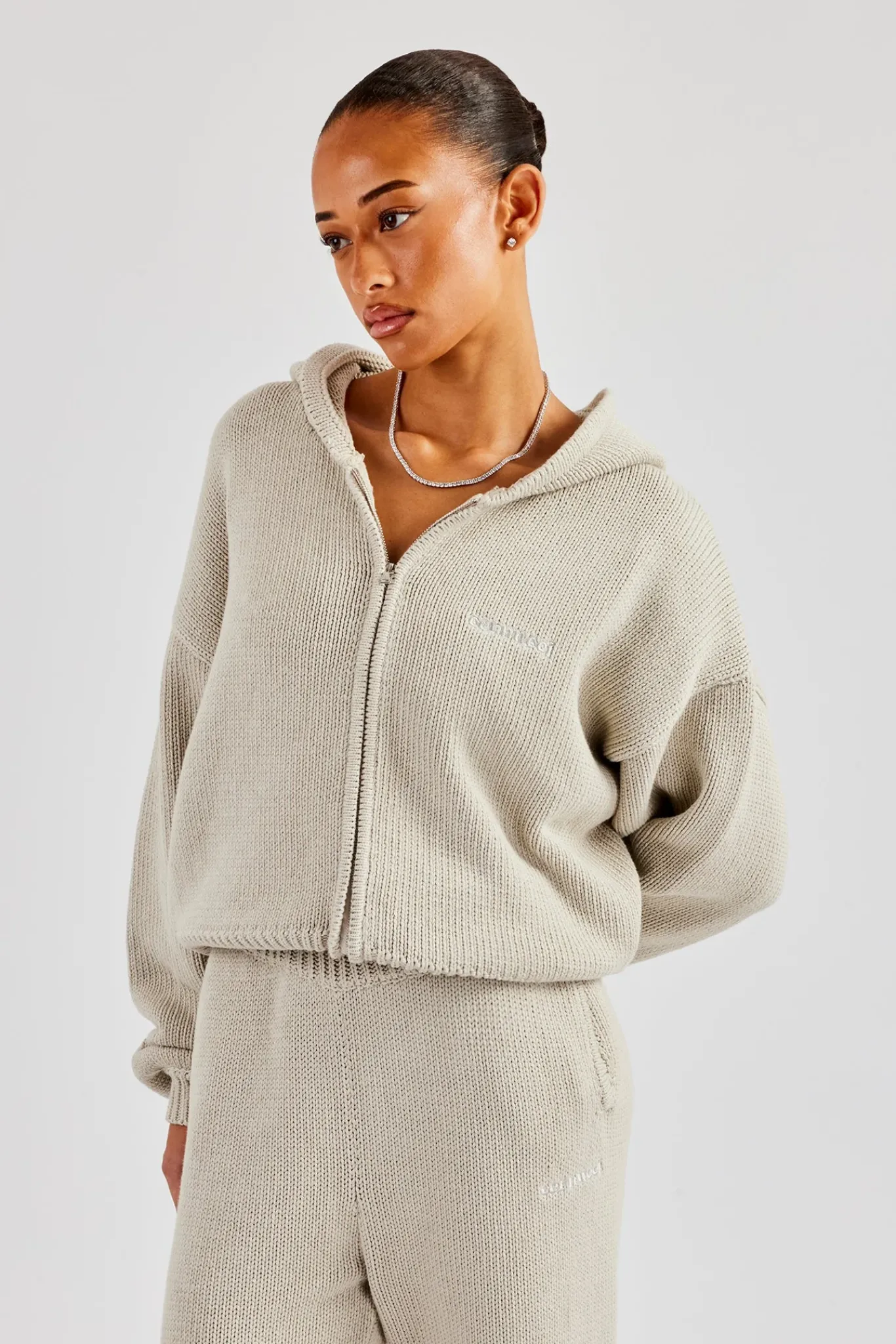 Women CLO-TOP-HS-HOOD-KTW Knitted Embroidered Zip Through Hoodie - Stone