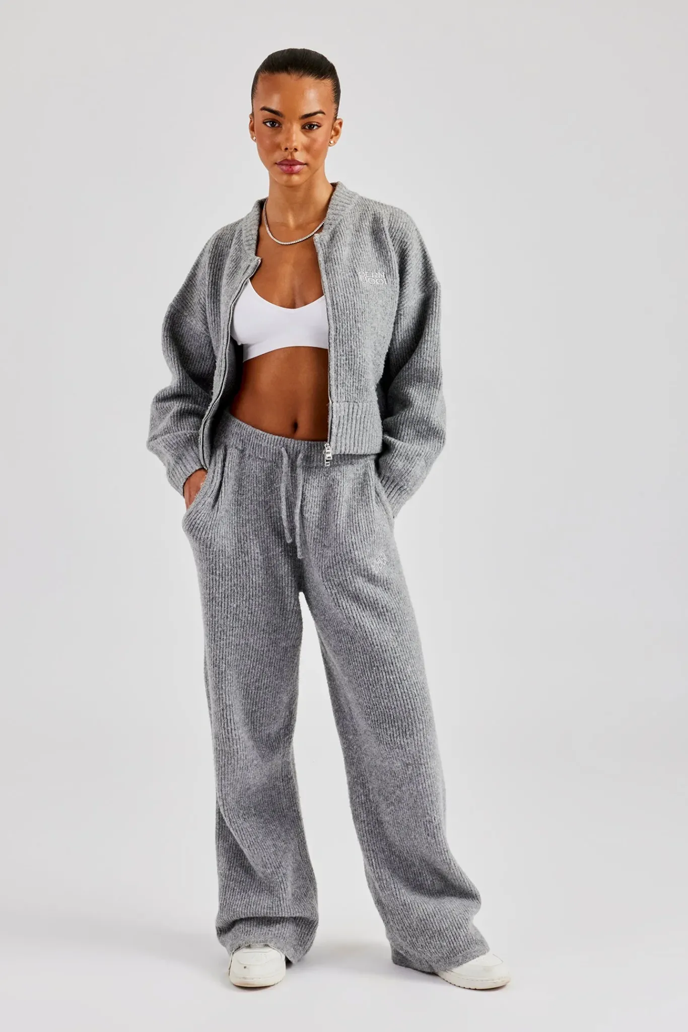 Women CLO-SET-KTW Knitted Zip Bomber & Straight Leg Trouser - Grey