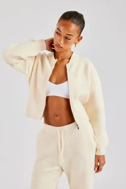 Women CLO-TOP-OUT-KTW Knitted Zip Front Bomber - Oatmeal