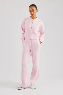 Women CLO-TOP-KTW Knitted Zip Front Bomber - Baby Pink