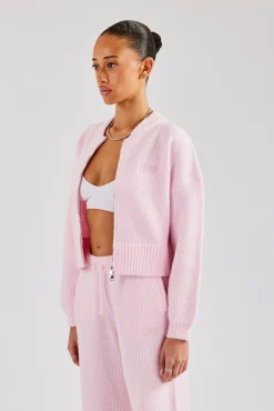 Women CLO-TOP-KTW Knitted Zip Front Bomber - Baby Pink