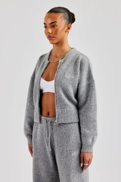 Women CLO-TOP-OUT-KTW Knitted Zip Front Bomber - Grey