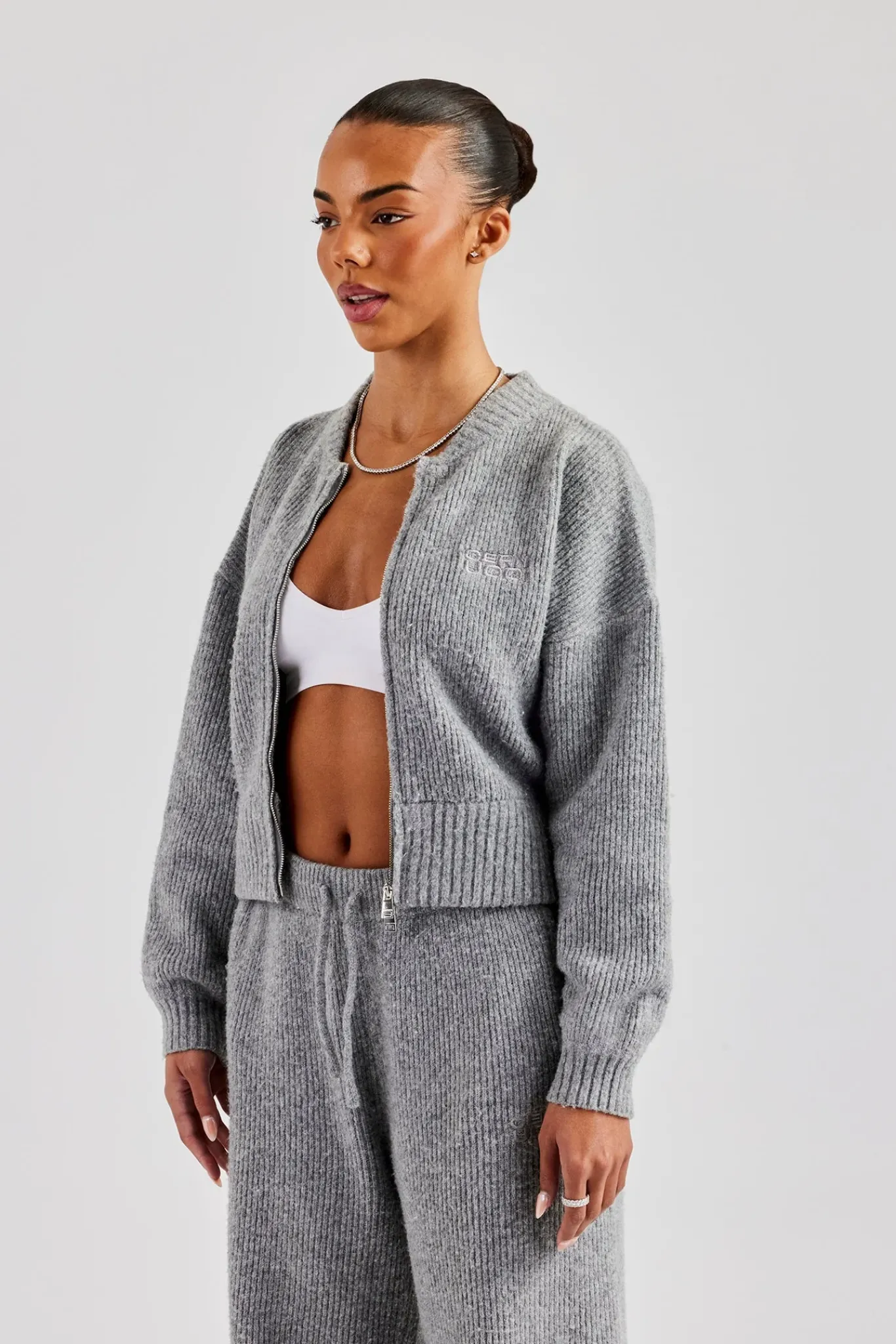 Women CLO-TOP-OUT-KTW Knitted Zip Front Bomber - Grey