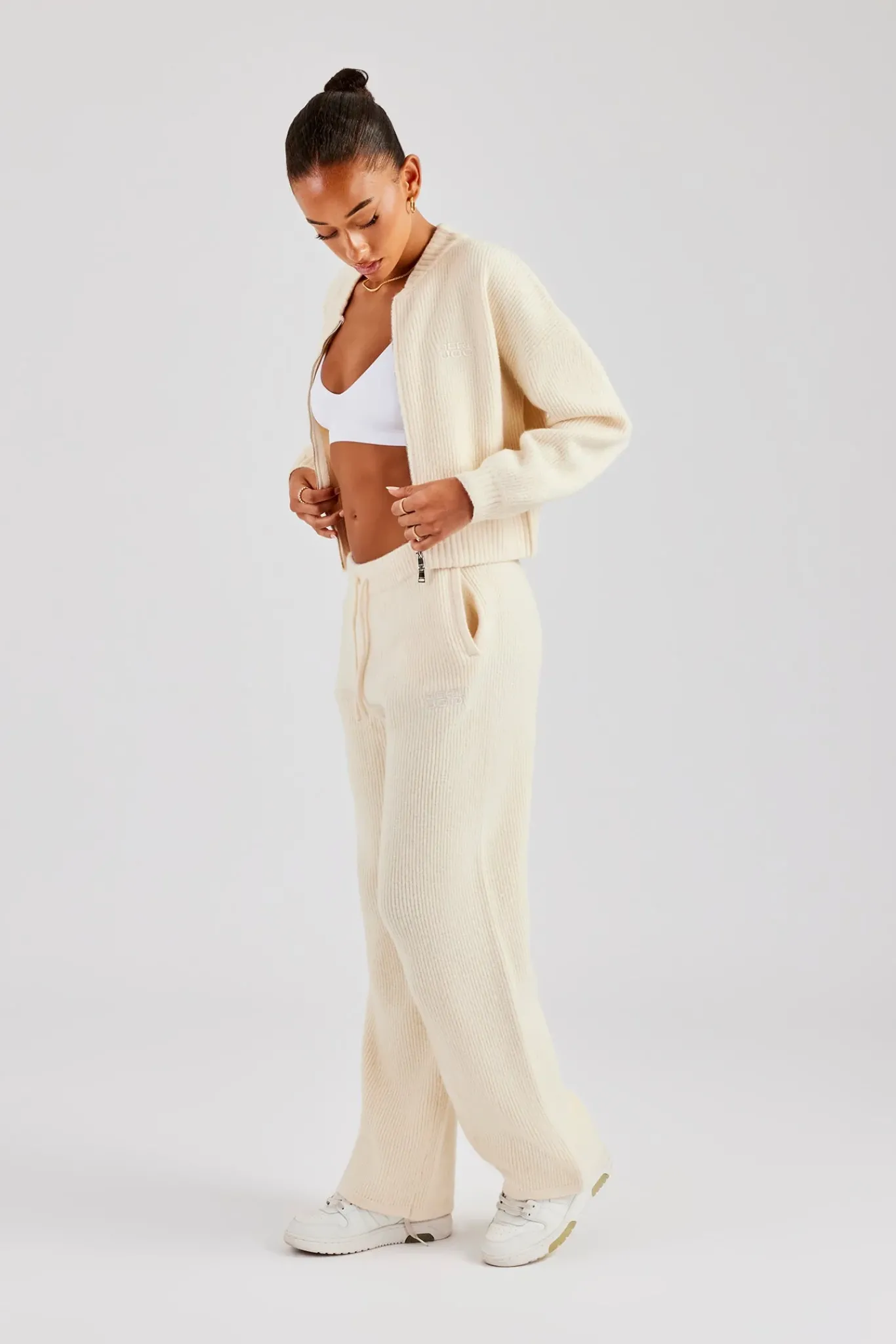 Women CLO-SET-KTW Knitted Zip Front Bomber and Jogger - Oatmeal