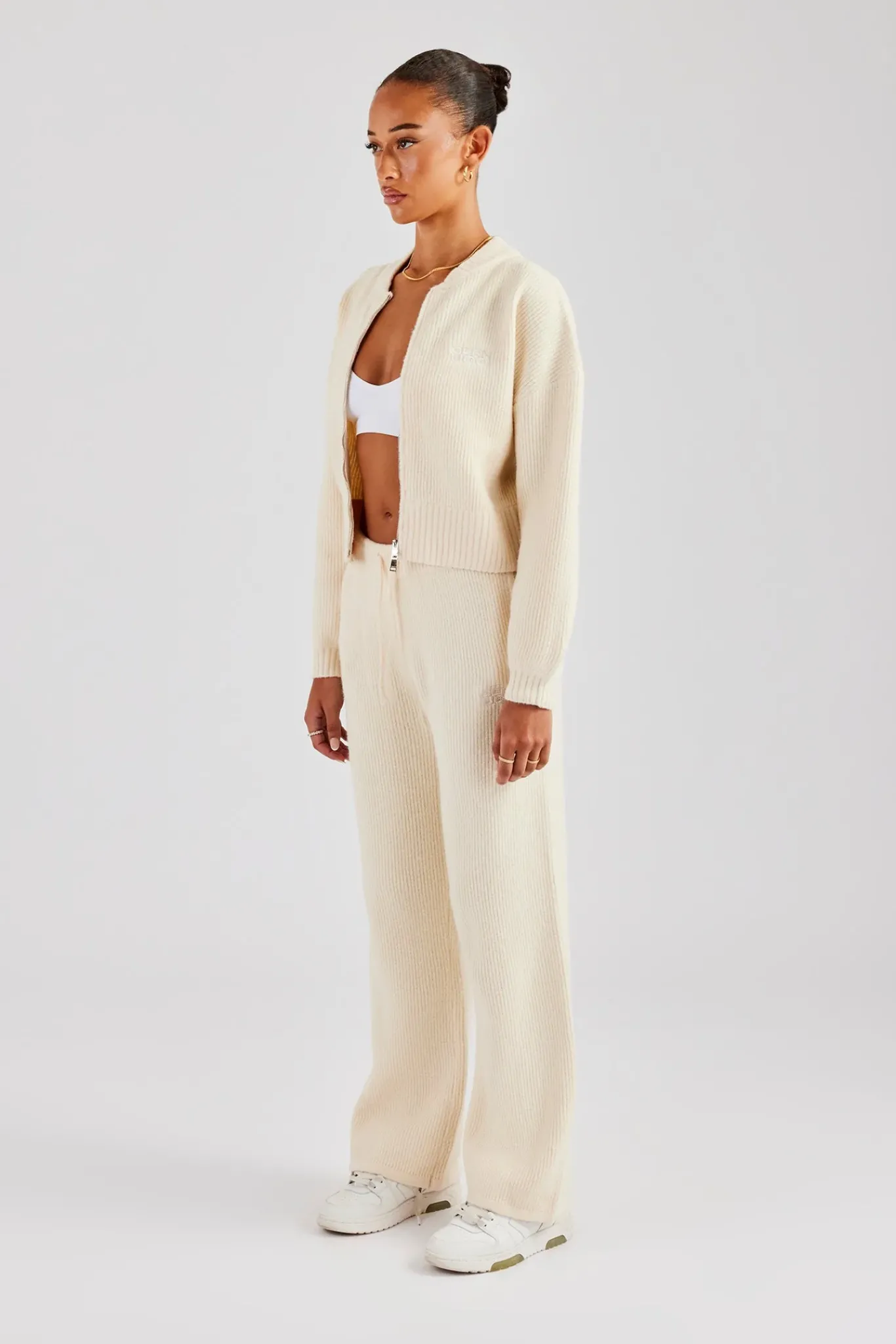 Women CLO-SET-KTW Knitted Zip Front Bomber and Jogger - Oatmeal