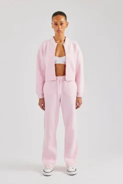 Women CLO-SET-KTW Knitted Zip Front Bomber & Straight Leg Trouser - Baby Pink