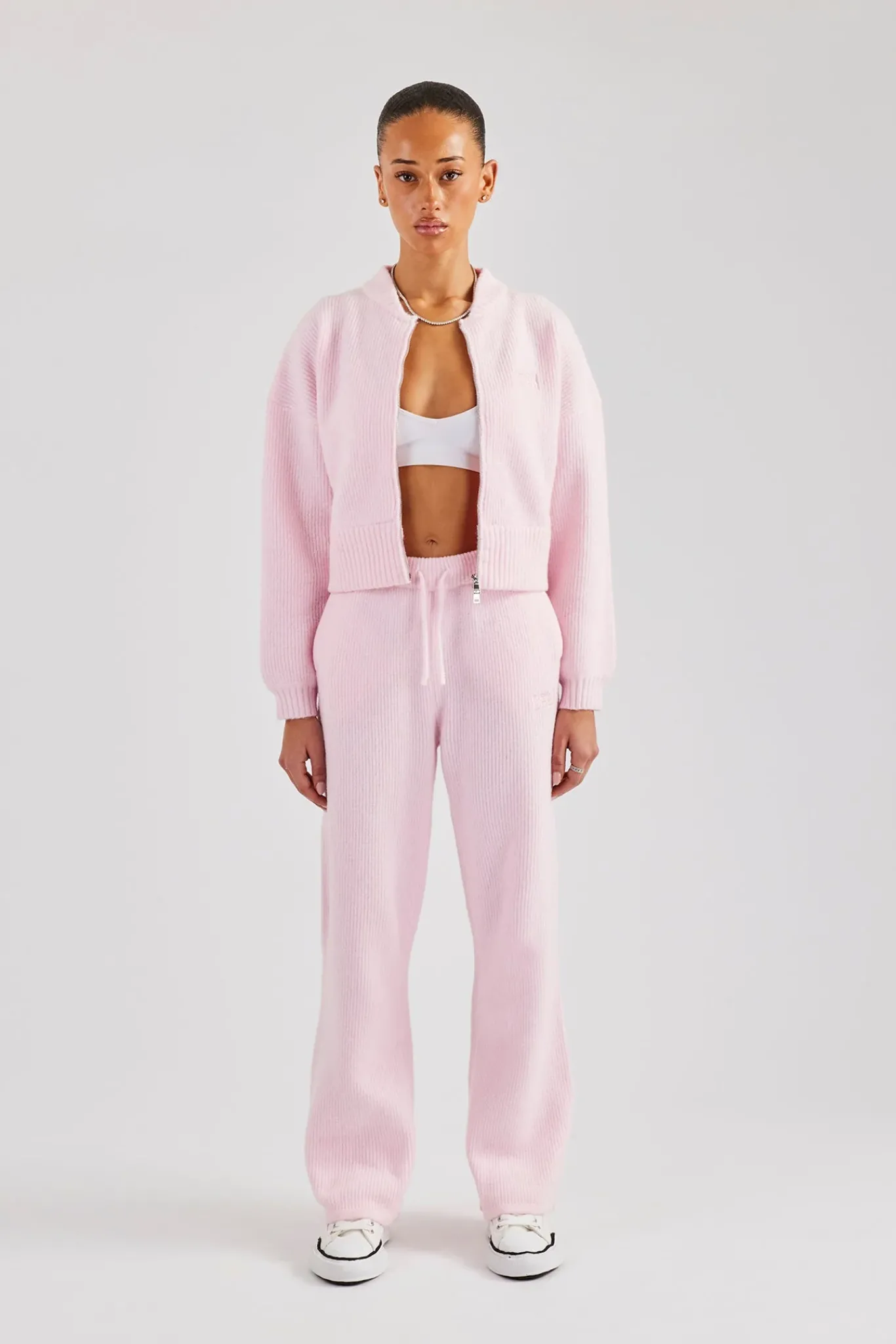 Women CLO-SET-KTW Knitted Zip Front Bomber & Straight Leg Trouser - Baby Pink