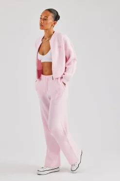 Women CLO-SET-KTW Knitted Zip Front Bomber & Straight Leg Trouser - Baby Pink
