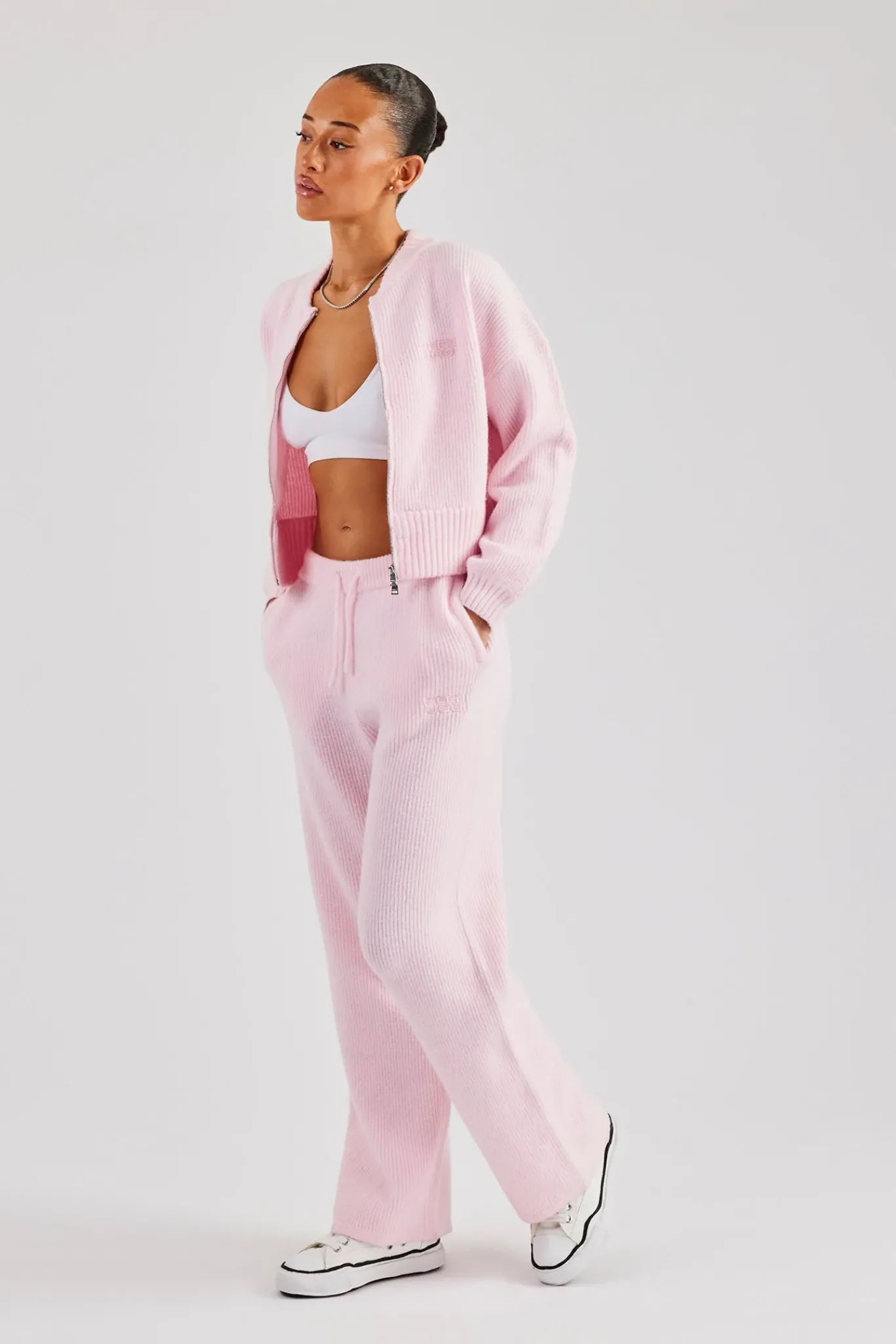 Women CLO-SET-KTW Knitted Zip Front Bomber & Straight Leg Trouser - Baby Pink