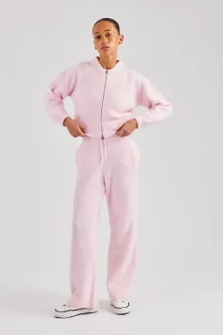Women CLO-SET-KTW Knitted Zip Front Bomber & Straight Leg Trouser - Baby Pink