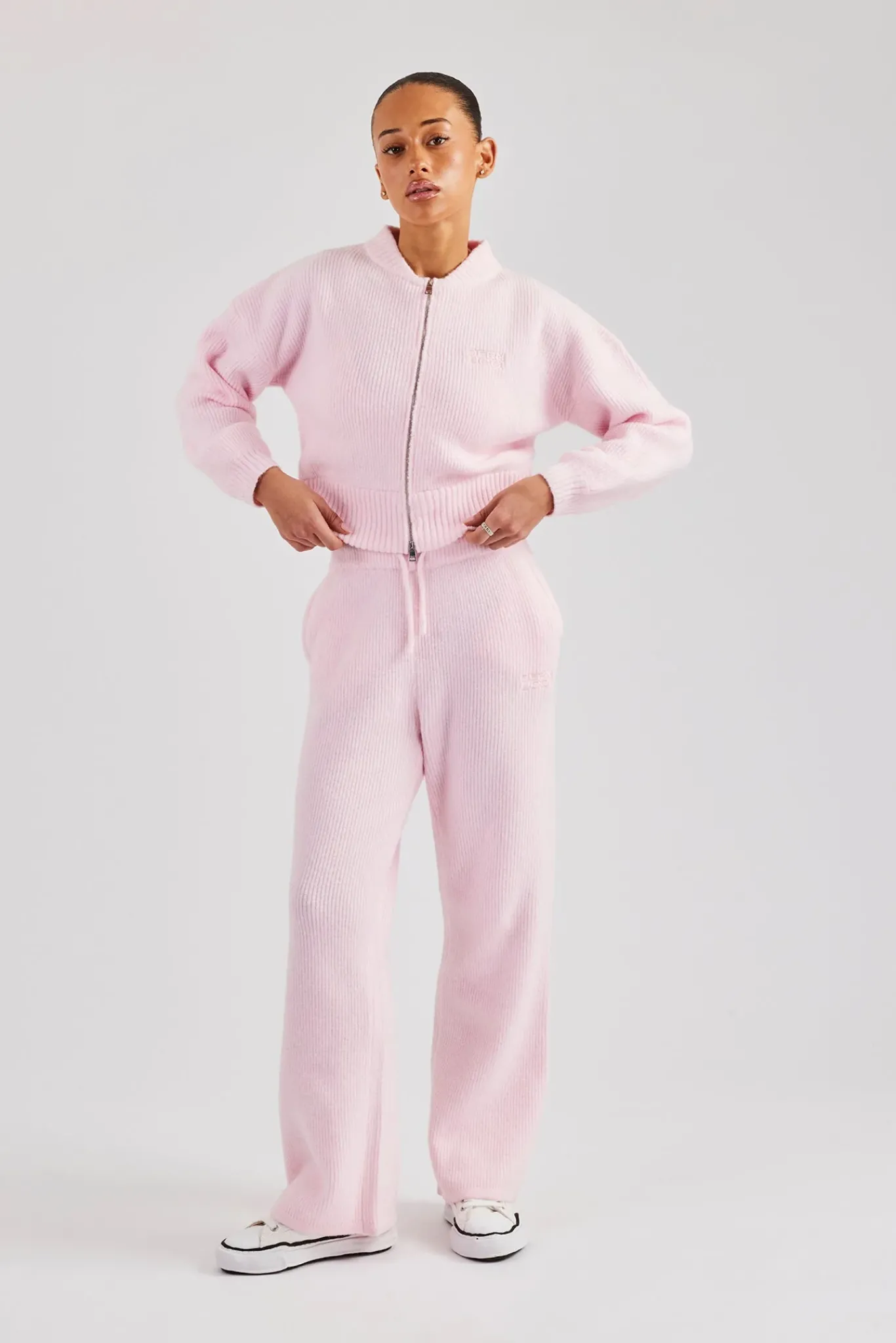 Women CLO-SET-KTW Knitted Zip Front Bomber & Straight Leg Trouser - Baby Pink