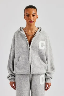 Women CLO-TOP-HS-HOOD-KTW Knitted Zip Through Hoodie - Light Grey