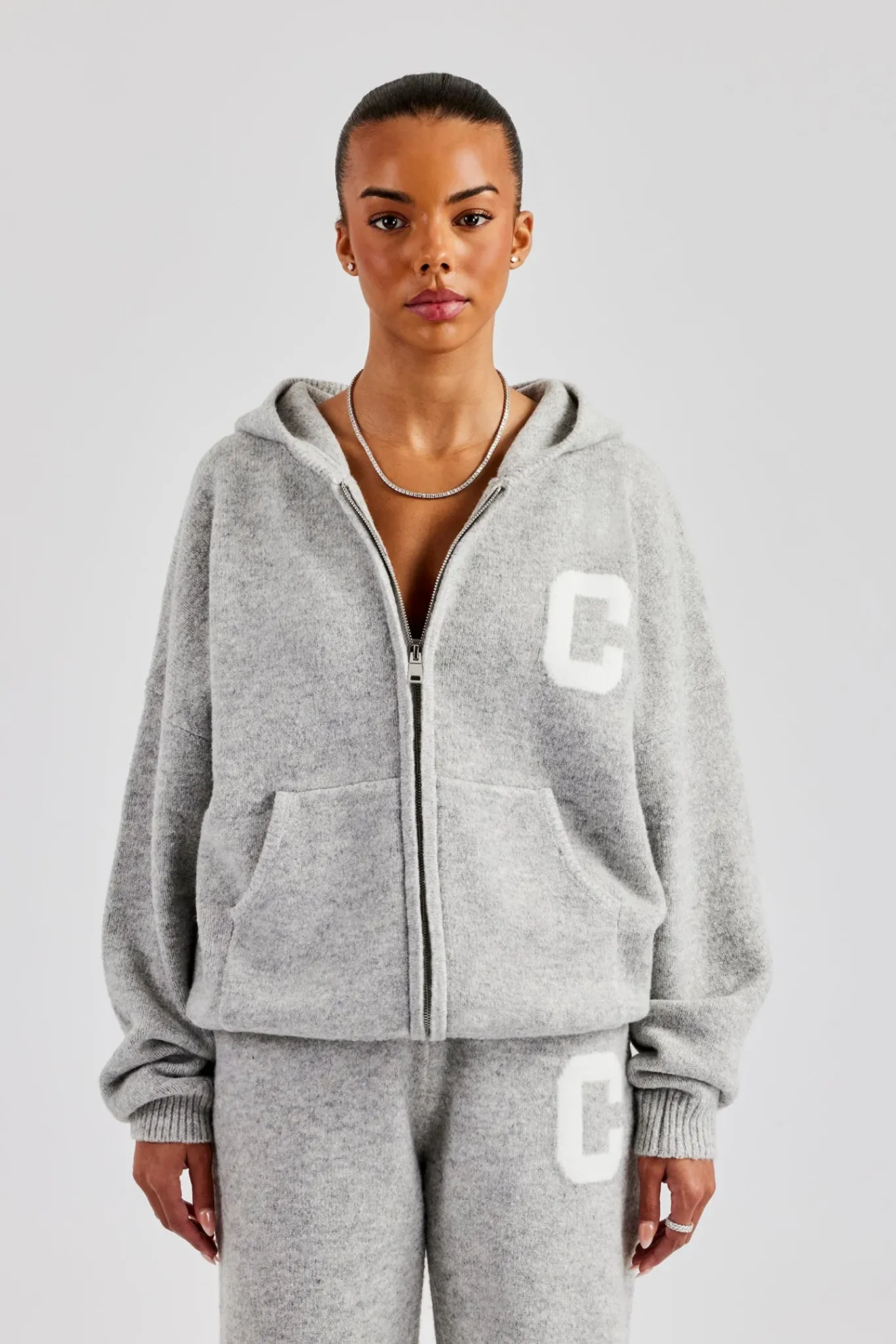 Women CLO-TOP-HS-HOOD-KTW Knitted Zip Through Hoodie - Light Grey