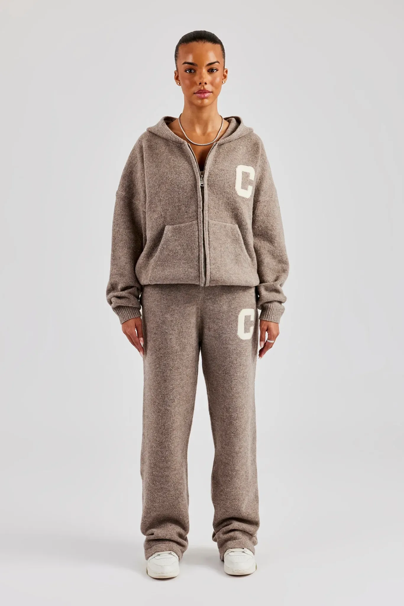 Women CLO-SET-KTW Knitted Zip Through Tracksuit - Taupe