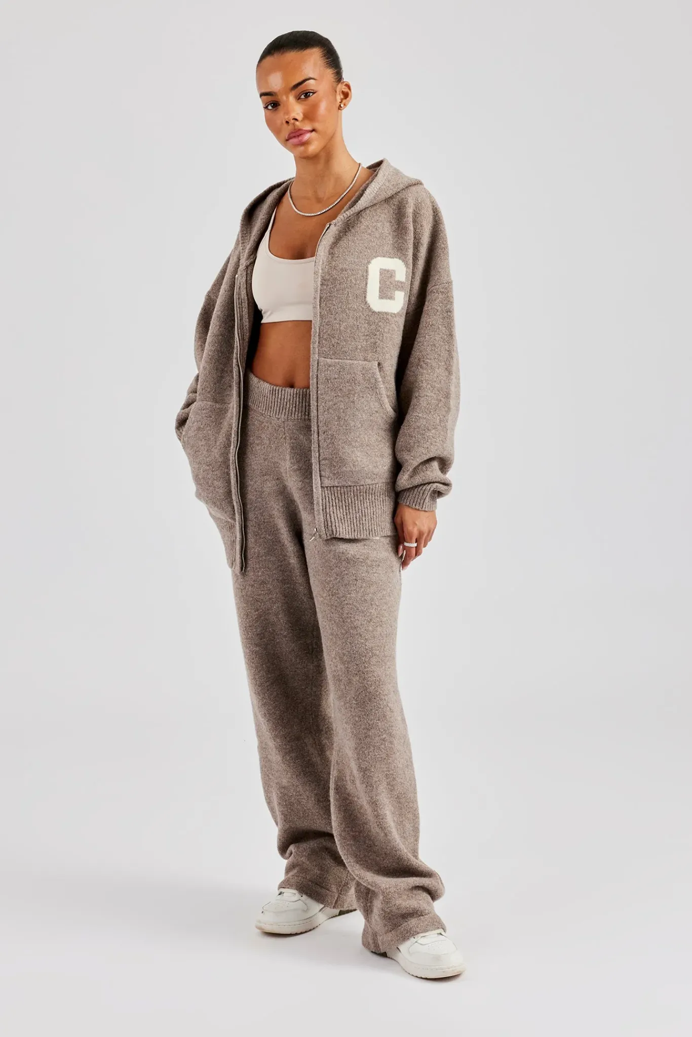 Women CLO-SET-KTW Knitted Zip Through Tracksuit - Taupe