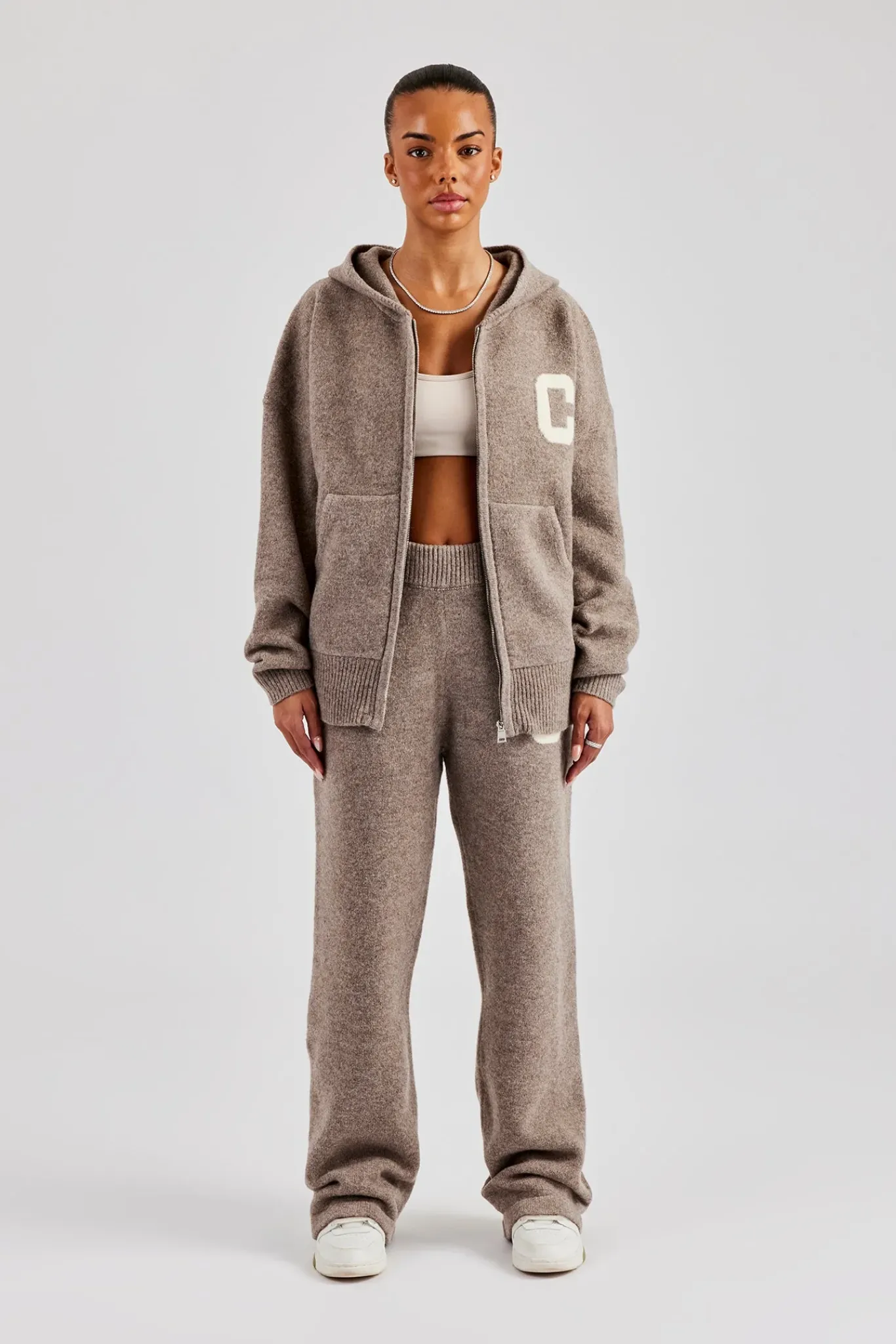 Women CLO-SET-KTW Knitted Zip Through Tracksuit - Taupe