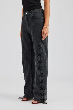 Women CLO-BOT-TRO Lace Up Detail Relaxed Denim Jean - Washed Black