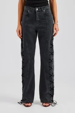 Women CLO-BOT-TRO Lace Up Detail Relaxed Denim Jean - Washed Black
