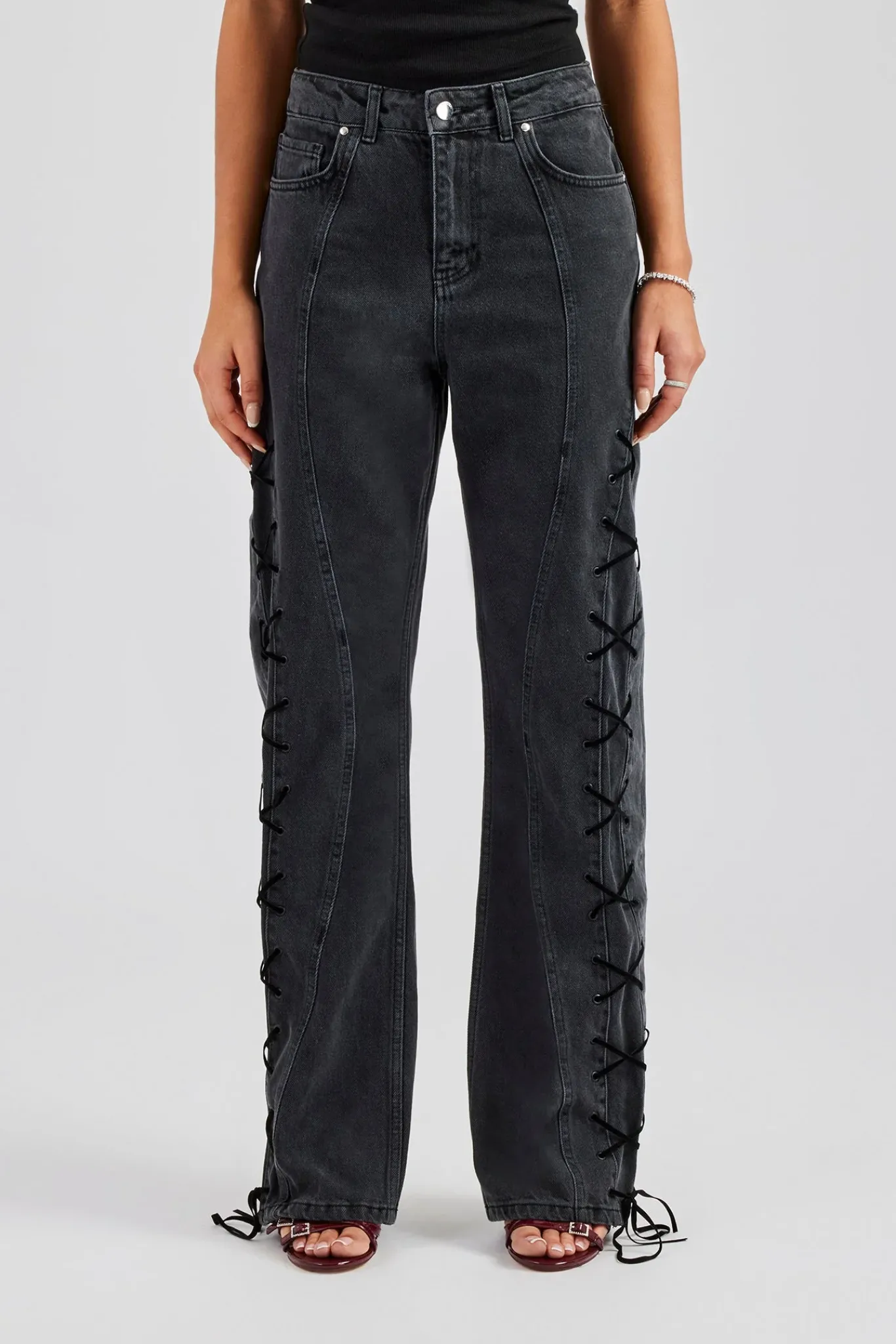 Women CLO-BOT-TRO Lace Up Detail Relaxed Denim Jean - Washed Black