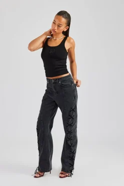 Women CLO-BOT-TRO Lace Up Detail Relaxed Denim Jean - Washed Black