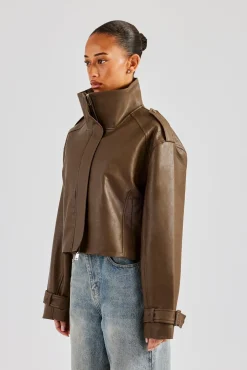 Women CLO-TOP-OUT Ladies Cropped Faux Leather Trench Coat - Brown