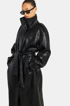 Women CLO-TOP-OUT Ladies Faux Leather Trench Coat - Black
