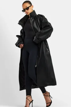 Women CLO-TOP-OUT Ladies Faux Leather Trench Coat - Black