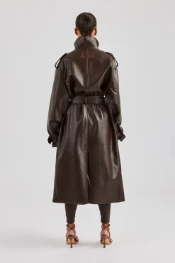 Women CLO-TOP-OUT Ladies Faux Leather Trench Coat - Chocolate