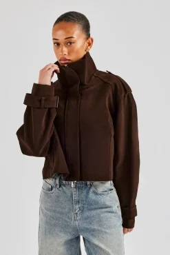 Women CLO-TOP-OUT Ladies Faux Suede Cropped Trench Coat - Chocolate